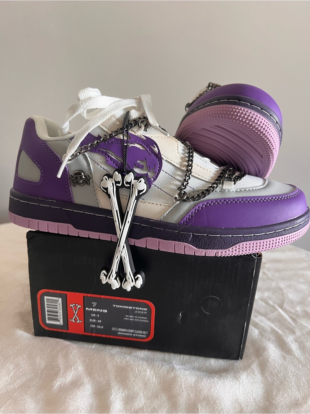 Purple and White Low-Top Sneakers with Chain